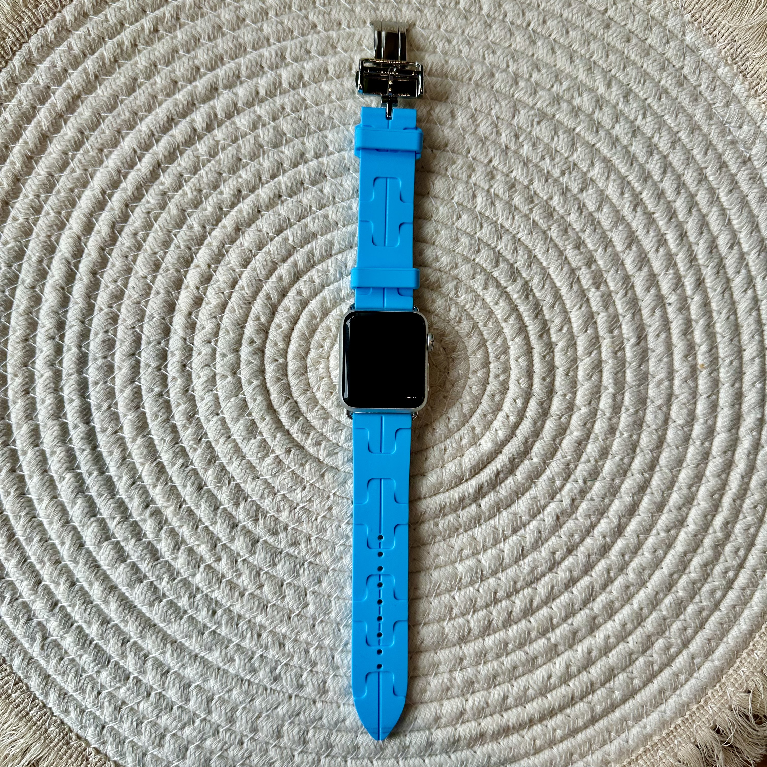 Bracelet sport Hermès simple tour kilim Apple Watch - Bleu Céleste