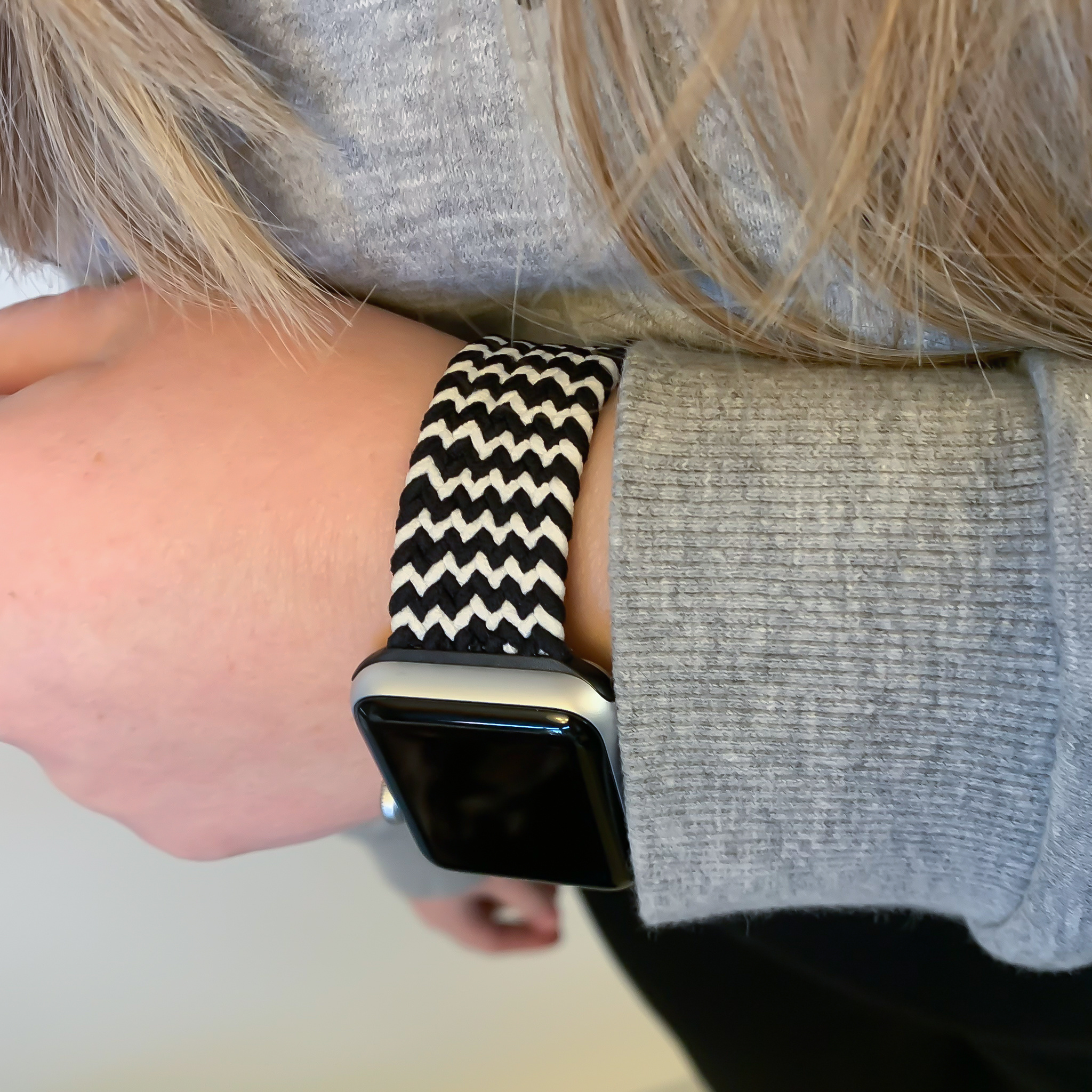 Bracelet nylon Boucle unique tressé Apple Watch - mélange blanc noir