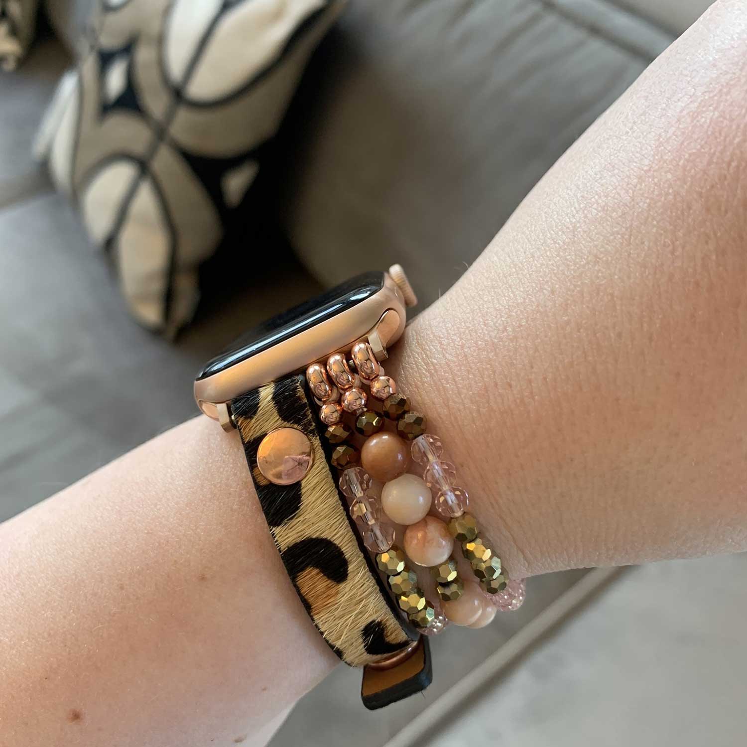Bracelet en cuir bijoux Apple Watch - or rose léopard