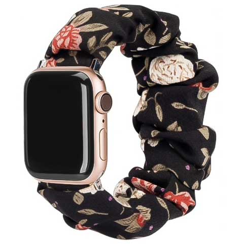 Bracelet nylon chouchou Apple Watch - fleurs noir