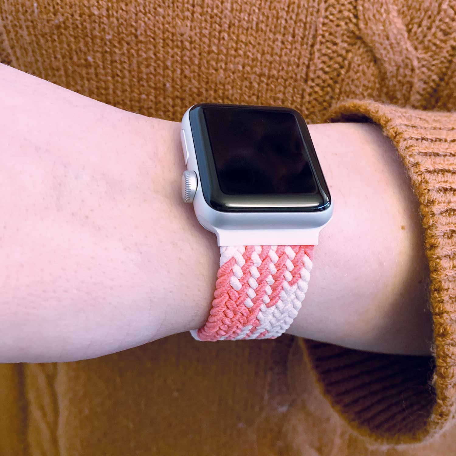 Bracelet nylon Boucle unique tressé Apple Watch - rose blanc